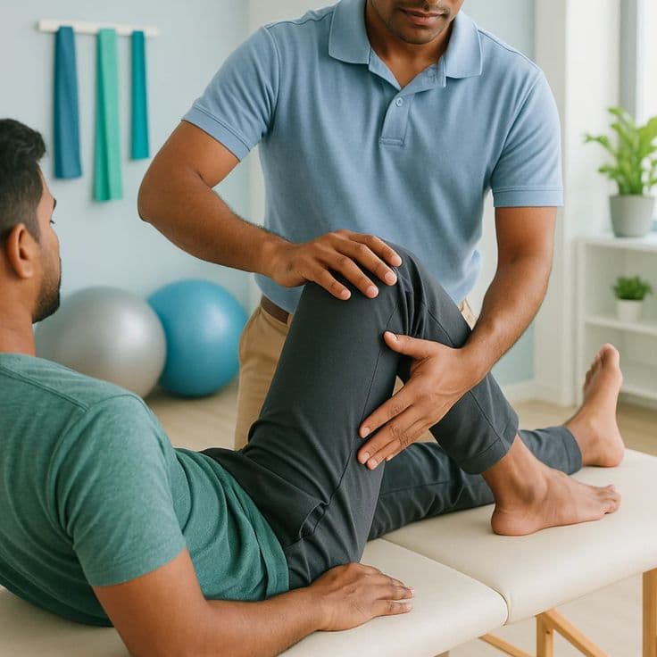 Physiotherapeut führt das Knie eines Patienten auf der Behandlungsliege in einem hellen Praxisraum